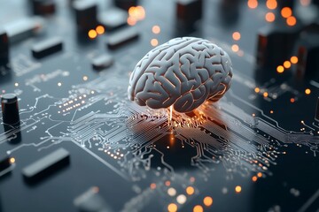 Poster - A 3D representation of a human brain hovering amidst a complex microchip circuit system, symbolizing the intersection of artificial intelligence and human thought.