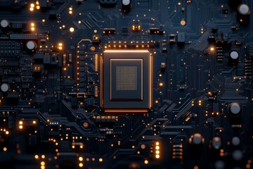 Poster - A close-up image of a microprocessor chip embedded in a detailed electronic circuit board, highlighting the intricate architecture of modern computing technology.