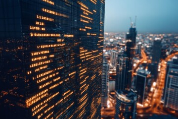 Poster - A cityscape at dusk featuring a glass skyscraper with glowing digital binary code, symbolizing modern technology and the digital age's impact on urban life.