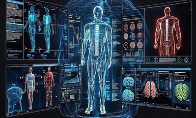 Poster - Detailed anatomical and physiological digital display showcasing human body systems and brain functions in a futuristic setting