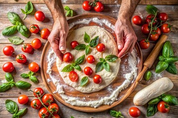 A person is making a pizza with tomatoes and basil