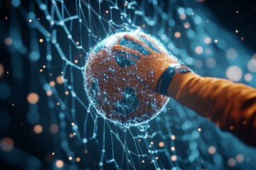 Poster - A human hand interacts with a glowing digital sphere, representing innovation, connectivity, and futuristic technology within a network grid of luminous lines.