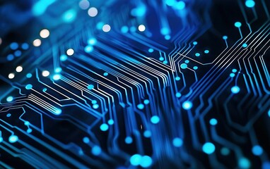 Poster - Abstract close-up of a blue circuit board depicting advanced technology and intricate design against a dark background