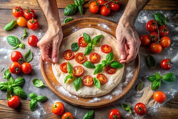 A person is making a pizza with tomatoes and basil