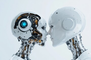 Poster - A close-up image of two intricately designed futuristic robots facing each other, showcasing advanced artificial intelligence and humanoid features.