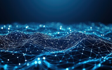 Aufkleber - a digital abstract representation of interconnected blue nodes forming a wave-like structure in a da