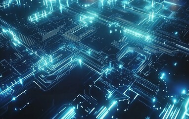 Poster - Aerial view of a futuristic circuit board illuminated by bright blue lights at night showcasing intricate electronic pathways