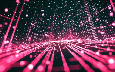 Fototapete - Dynamic pink abstract digital landscape with glowing lines and particles creating a vibrant visual depth