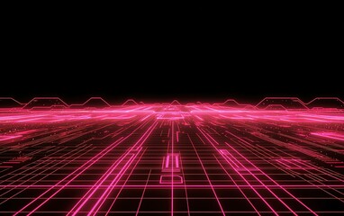 Poster - A vibrant grid landscape with glowing pink lines stretches toward the horizon under a dark sky, creating a futuristic digital atmosphere