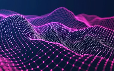 Poster - Colorful abstract 3D grid pattern representing digital waves in a dark space with vibrant pink tones