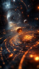 Wall Mural - Abstract space scene with glowing planets and stars, swirling around a central light source.