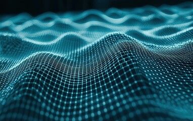 Poster - Abstract representation of flowing waves with a grid pattern in blue tones, capturing a digital landscape at nighttime