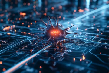 Poster - Intricate abstract rendering of a futuristic neural network, glowing amidst a complex digital interface, symbolizing advanced technology and artificial intelligence.