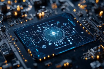 Poster - A detailed view of a futuristic circuit board showcasing digital interfaces and cybernetic connections, emphasizing technology and innovation in the modern era.