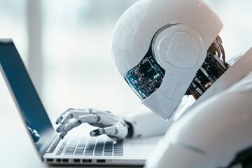 Poster - A humanoid robot is sitting at a desk, intently working on a laptop, showcasing the blend of technology and artificial intelligence in modern workspaces.