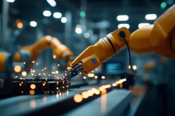 Poster - A set of industrial robotic arms are seen working on a production line, highlighting the efficiency and precision of modern manufacturing processes in a dimly lit factory.
