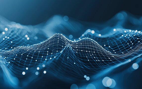 Visual representation of data waves in a digital landscape at night showcasing flowing patterns of light and connectivity