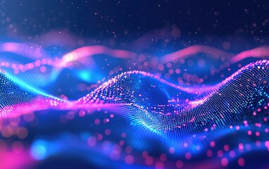 Poster - Vibrant digital waves create a colorful abstract landscape illuminated with neon hues in a modern art setting