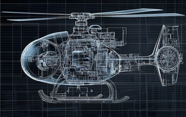 Poster - Detailed technical illustration of a helicopter showcasing internal components and design specifications on a dark background