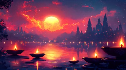 Poster - Cartoon illustration art of vibrant Diwali scene with joyful lamps and glowing candles highlighted against a festive background symbolizing the light and joy of the festival