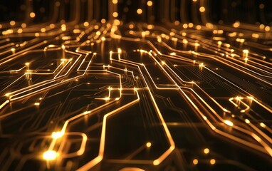 Poster - Intricate golden circuit board design illuminated with glowing lights against a dark background