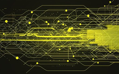 Fototapete - Abstract digital patterns with yellow lines and dots illustrating technology and connectivity in a dark environment