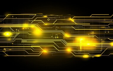 Fototapete - Abstract digital circuit design featuring glowing yellow lines against a black background in a futuristic style