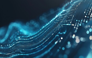 Fototapete - Abstract representation of data waves in a digital environment with glowing dots and lines on a dark background