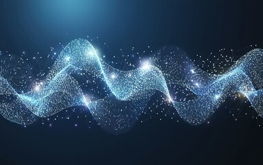 Poster - Dynamic wave pattern of blue light particles creating a mesmerizing visual effect in a dark background