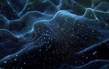 Poster - Abstract digital landscape with wavy patterns and glowing particles captured in a dark atmosphere