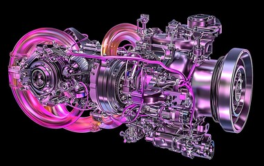 Poster - Detailed rendering of a complex turbine engine showcasing intricate components and vibrant colors against a black background