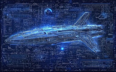 Poster - A futuristic spaceship design illuminated against a dark technical blueprint background showcasing advanced engineering concepts