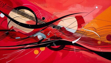 Poster - Red abstract background with waves and lines, painting with vibrant red and orange shapes, art colorful tags and street murals displaying contemporary creativity