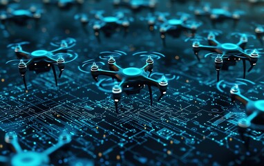 Poster - Aerial drones navigating a digital landscape filled with glowing circuitry in a futuristic technology-inspired setting