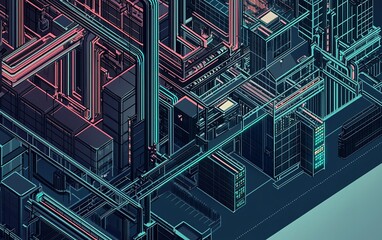 Poster - Intricate network of colorful pipes and machinery in a futuristic industrial environment showcasing advanced technology