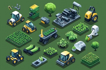 Iconic representations of agricultural automation using advanced robotics and AI.