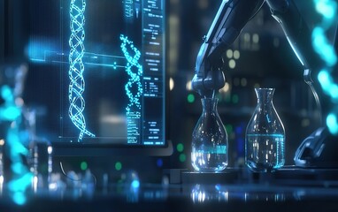 Poster - Advanced robotic arm conducting experiments with glowing liquids in a high-tech laboratory setting during nighttime