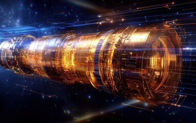 Poster - Futuristic spacecraft engine glowing in deep space with shimmering light trails depicting advanced technology