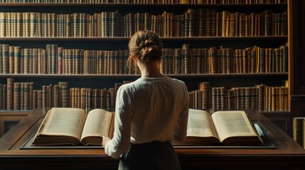 Poster - Woman Reading a Large Book in a Library Surrounded by Bookshelves