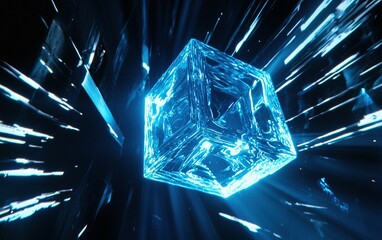 Poster - A glowing blue cube surrounded by dynamic light rays creates a captivating cosmic visual effect in a dark space environment