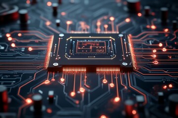 Poster - A detailed view of an illuminated microchip at the center of a high-tech circuit board, symbolizing advanced technology and digital connectivity.