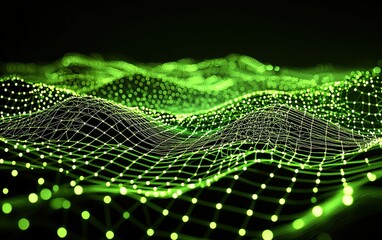 Poster - A vibrant digital landscape of green waves showcasing intricate data visualization in a modern abstract design