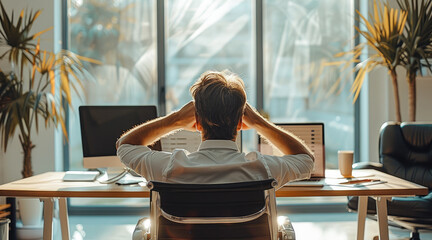 Aufkleber - Modern office space with a clean desk. A person sits back in their chair, looking relaxed and happy.