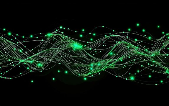 Abstract green light waves with glowing points intertwining against a black background showcasing a dynamic digital pattern