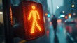 © Alpha - A close shot of pedestrian traffic lights, showing a clear, animated walking signal, with the textured surface of the lights and surrounding urban elements