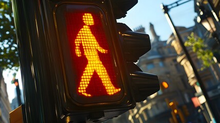 a close shot of pedestrian traffic lights, showing a clear, animated walking signal, with the textur
