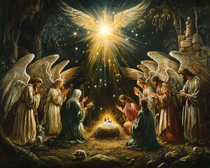 Wall Mural - Angels surround the manger where a baby lies, a bright star shines above.