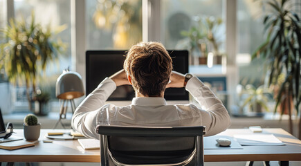 Aufkleber - Modern office space with a clean desk. A person sits back in their chair, looking relaxed and happy.