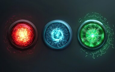 Poster - Colorful glowing buttons with red, blue, and green designs, set against a dark background, creating a futuristic and vibrant atmosphere