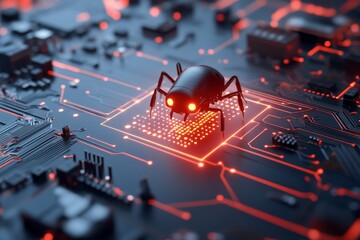 Poster - A futuristic technology concept showing a bug on a microchip, representing cyber threats, displayed with neon lights on a detailed circuit board environment.